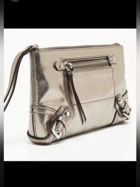 Michael Kors Fallon Metallic gray leather Wristlet Clutch with dust bag NWOT